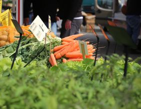 Ein Markstand mit frischem Gemüse, darunter orange Karotten und grüne Salate. Im Hintergrund sind Menschen zu sehen, die den Markt besuchen.