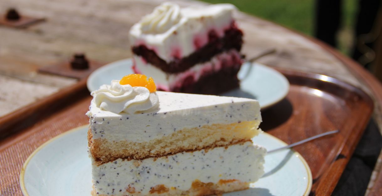 Zwei Stück regionale Torte auf einem Holztisch im Freien in Schleswig-Holstein – ideal für eine süße Pause beim Urlaub auf dem Land.