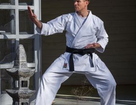 A martial artist in a white karate outfit is striking a fighting pose. In the background, there is an open door and a decorative stone.
