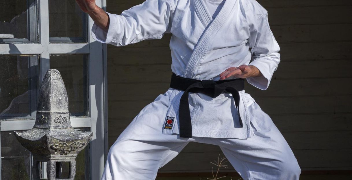 A martial artist in a white karate outfit is striking a fighting pose. In the background, there is an open door and a decorative stone.