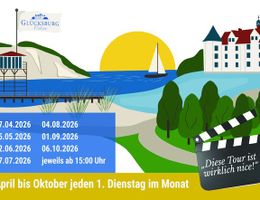Illustration einer Küstenlandschaft mit einem Schloss, einem Segelboot und einem Sonnenuntergang. Text informiert über Stadtführungen in Glücksburg.