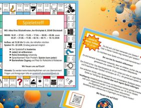 Ein Flyer für einen Spieletreff mit Informationen zu Ort, Zeit und Teilnahmebedingungen. Enthält ein Spielbrett-Design und bunte grafische Elemente.