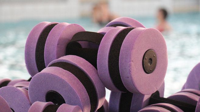 Floating dumbbells in purple color are lying on the edge of the pool. In the background, a swimming pool can be seen.
