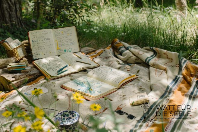 A beautiful picnic spot in the greenery with a blanket, notebooks, and writing utensils. Flowers surround the area, creating a relaxed atmosphere.