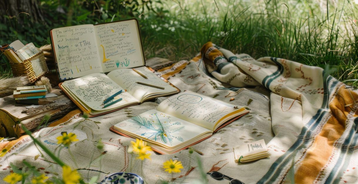 Ein schöner Picknickplatz im Grünen mit einer Decke, Notizbüchern und Schreibutensilien. Blumen umgeben den Bereich und schaffen eine entspannte Atmosphäre.