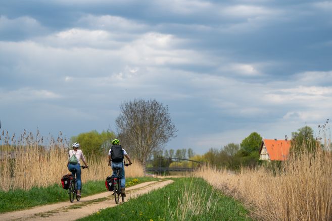 Zwei Radfahrer auf einem ländlichen Weg, umgeben von hohen Gräsern und einem Haus mit rotem Dach im Hintergrund.