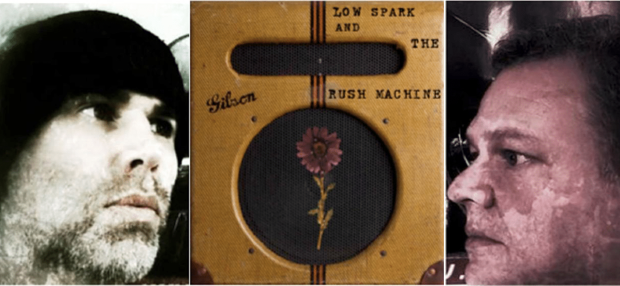 Collage mit zwei Porträts und einem Vintage-Gitarrenverstärker mit der Aufschrift 'Low Spark and the Rush Machine'.