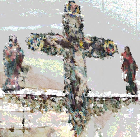 Ein abstraktes Bild eines Kreuzes mit zwei Figuren auf beiden Seiten, in bunten Farben dargestellt.