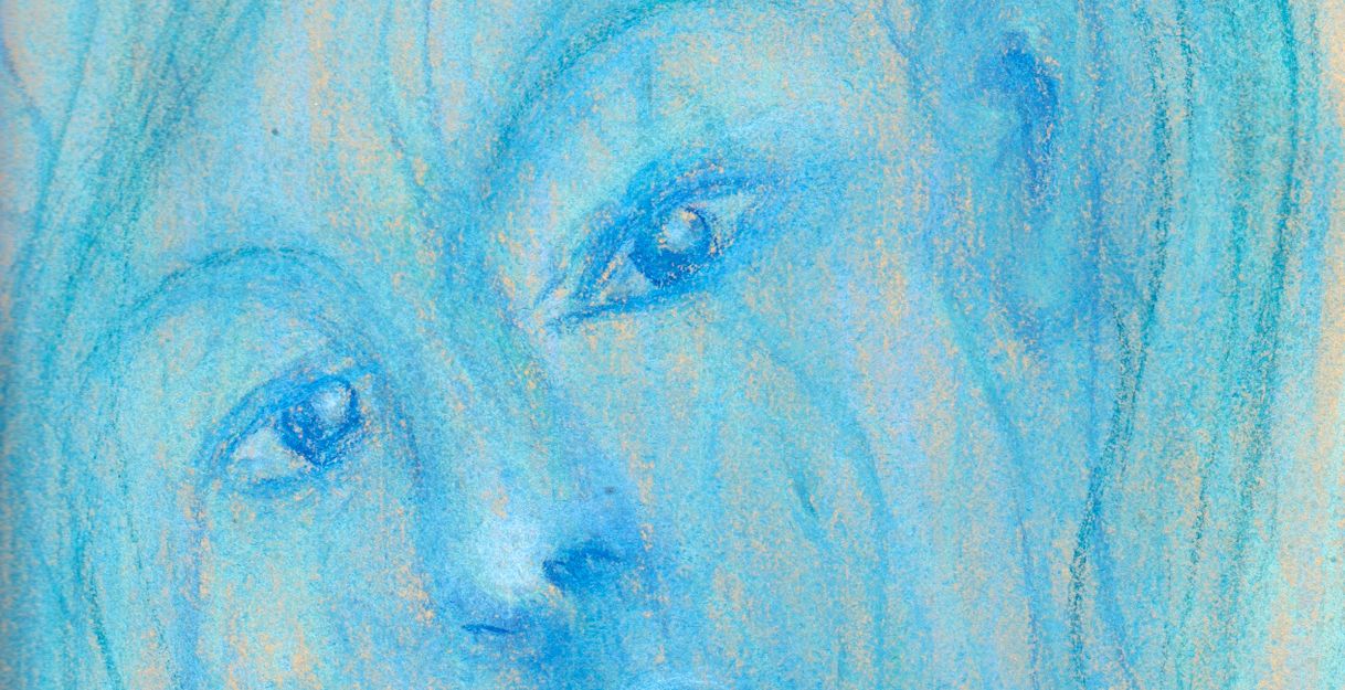 Ein blaues Pastellbild zeigt ein Gesicht mit melancholischem Ausdruck. Die Linien sind weich und fließend, was dem Bild eine träumerische Atmosphäre verleiht.