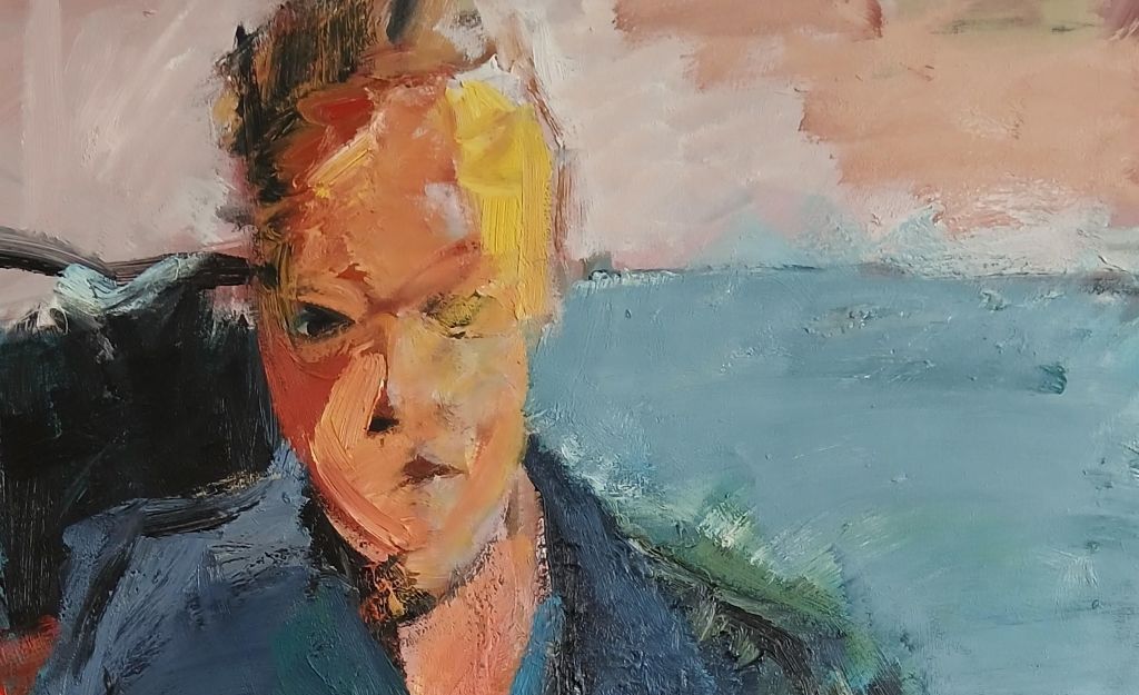 Abstraktes Gemälde einer Person in blauen und orangen Tönen.