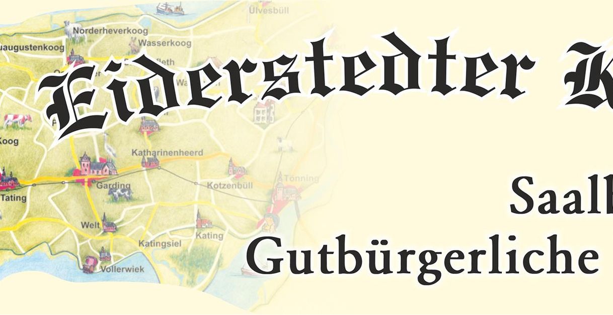 Ein Schild für das Eiderstedter Krog, das gutbürgerliche Küche anbietet. Es zeigt auch eine Karte der Umgebung.