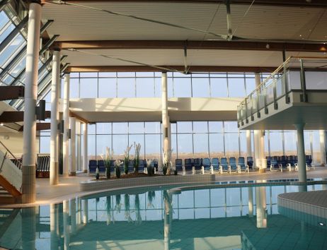 An elegant indoor pool with large windows that let in plenty of natural light. Around the pool, there are loungers and plants for a relaxing atmosphere.
