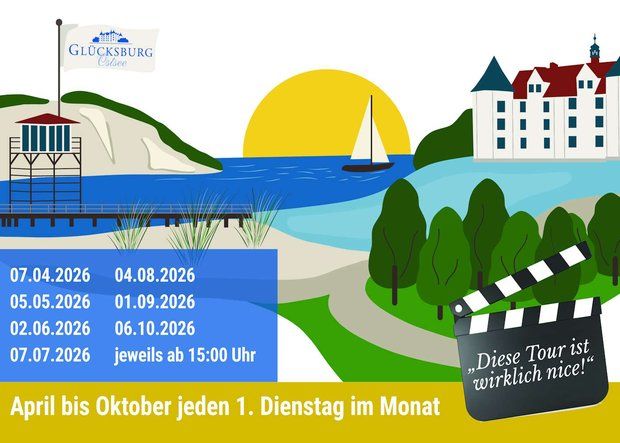 Illustration einer Küstenlandschaft mit einem Schloss, einem Segelboot und einem Sonnenuntergang. Text informiert über Stadtführungen in Glücksburg.