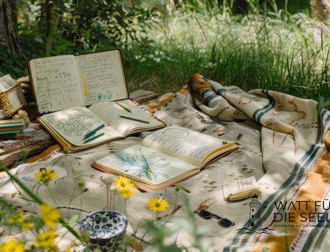 A beautiful picnic spot in the greenery with a blanket, notebooks, and writing utensils. Flowers surround the area, creating a relaxed atmosphere.