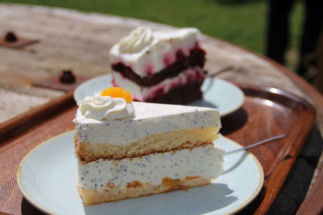Zwei Stück regionale Torte auf einem Holztisch im Freien in Schleswig-Holstein – ideal für eine süße Pause beim Urlaub auf dem Land.