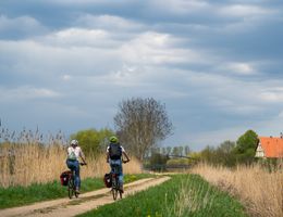 Zwei Radfahrer auf einem ländlichen Weg, umgeben von hohen Gräsern und einem Haus mit rotem Dach im Hintergrund.